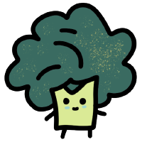 Illustration of a broccoli with a happy face and small limbs standing upright.