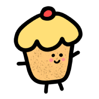 Illustration of a smiling cupcake with yellow frosting and a red cherry on top.