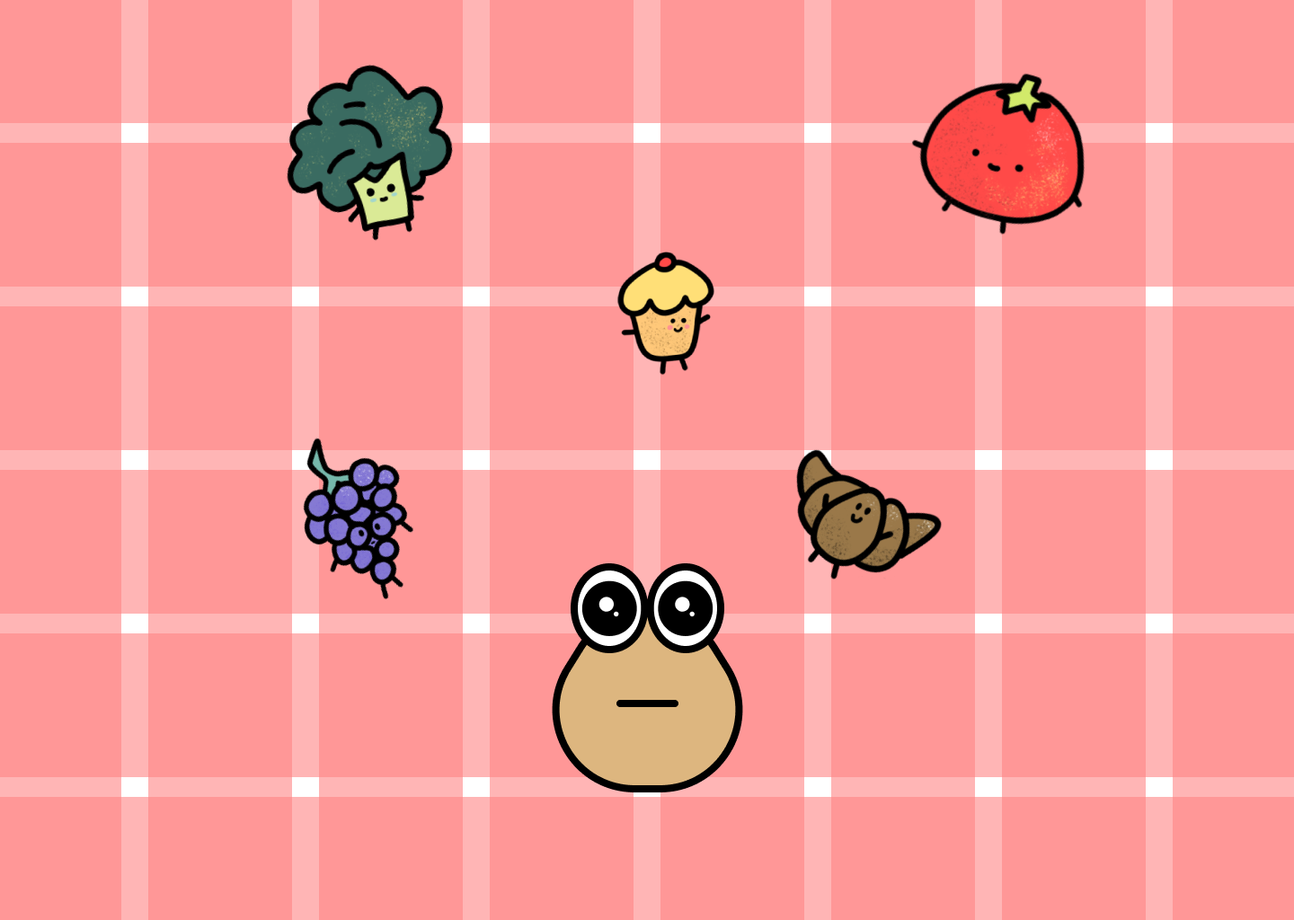 Cartoon character surrounded by smiling broccoli, tomato, grape wine, muffin and croissant on a pink checkered background.