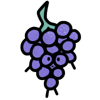 Illustration of a bunch of purple grapes with eyes and mouth, standing on stick-like legs, featuring a green stem.