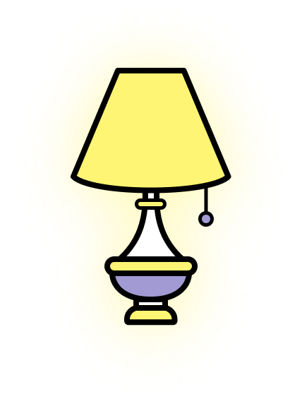 Illustration of a table lamp with a yellow lampshade and a purple and white base.