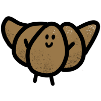 Illustration of a smiling croissant with arms and a face, featuring a textured appearance.