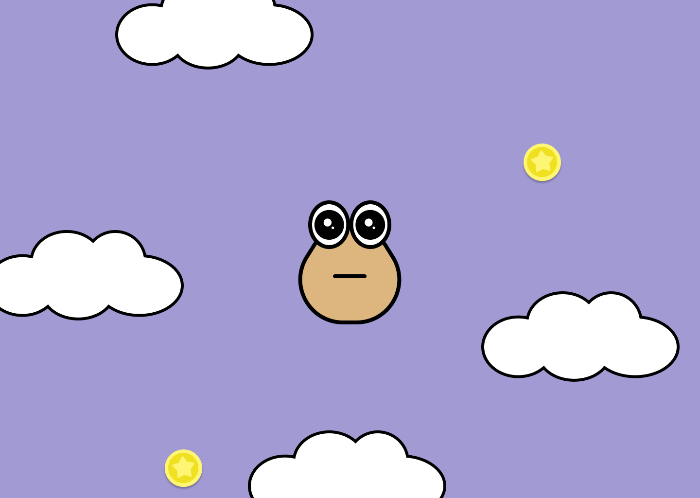 A simple cartoon cute creature with wide eyes and neutral expression is surrounded by white clouds on a purple background.