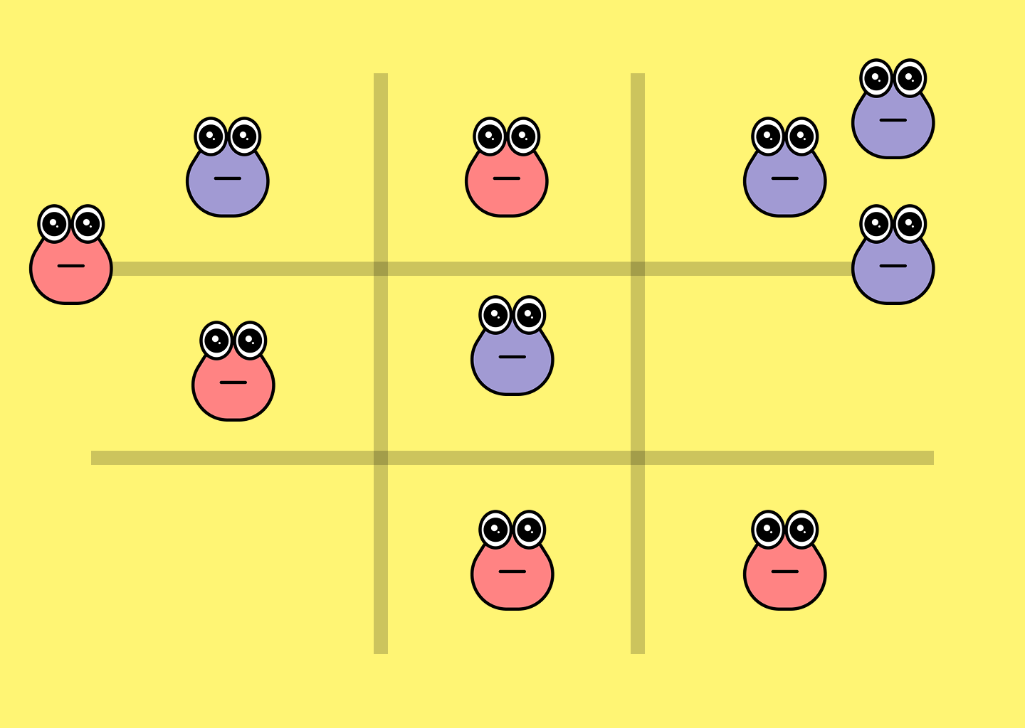 A game of tic-tac-toe with red and purple cartoon faces on a yellow game board.